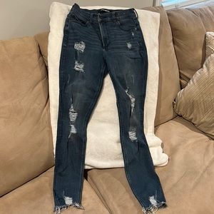 Express blue stretchy ankle jeans, moldy distressed, lightly worn, size 6R